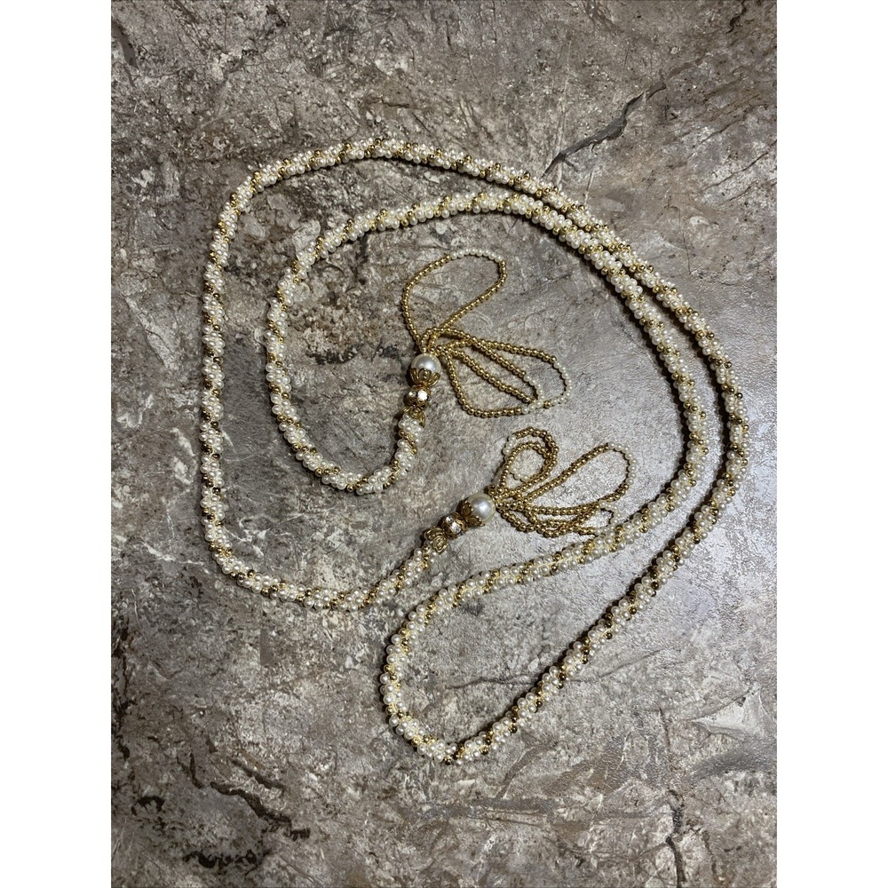 Vintage Beaded Rope Tassle Necklace Faux Pearl Gold Beads Long